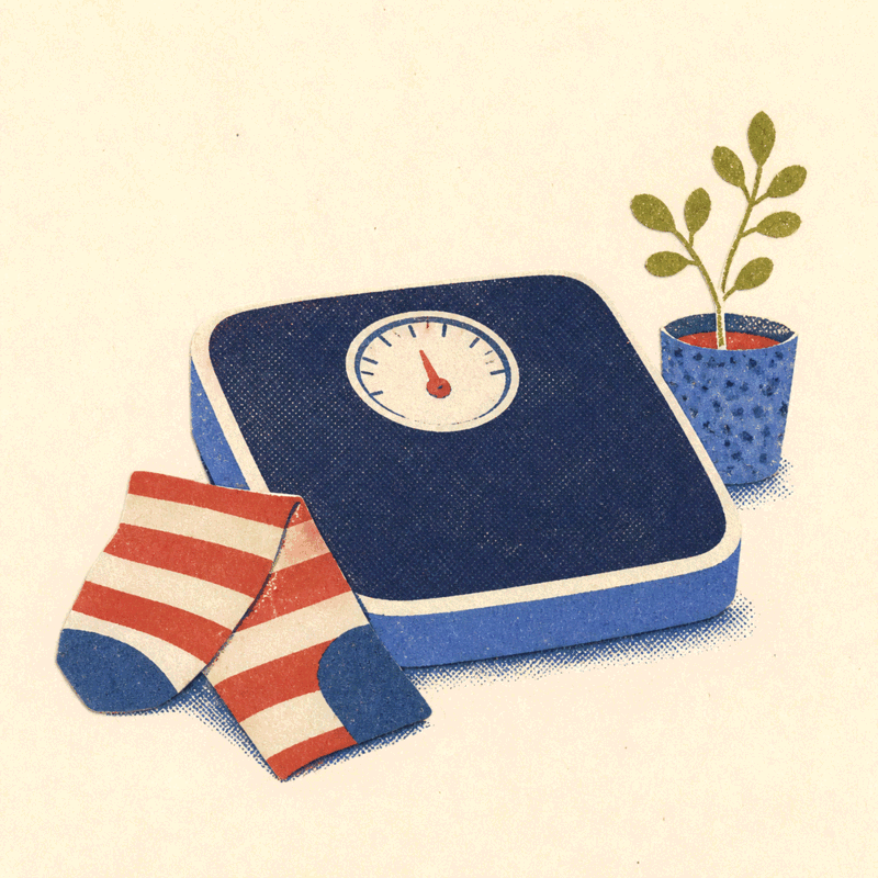 Ilustração impressa de uma balança, meias às riscas e uma pequena planta